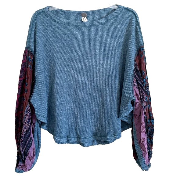 We The Free People Blossom Thermal Patchwork Balloon Sleeve Oversized Pullover S - Picture 2 of 11